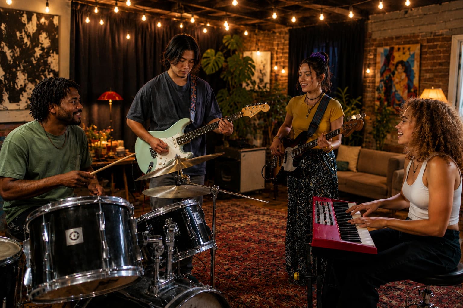 Beginner musicians playing together in a warm, welcoming space