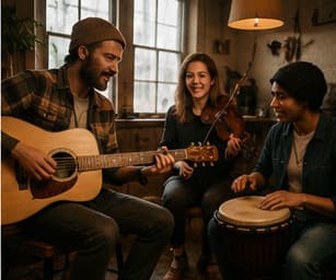 Three musicians playing guitars and a hand drum together in a warm, cozy room