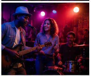 Musicians playing bass, singing, and drumming on a small stage with colorful lights