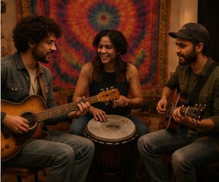 Beginners playing guitar, keyboard, and saxophone in a welcoming community space
